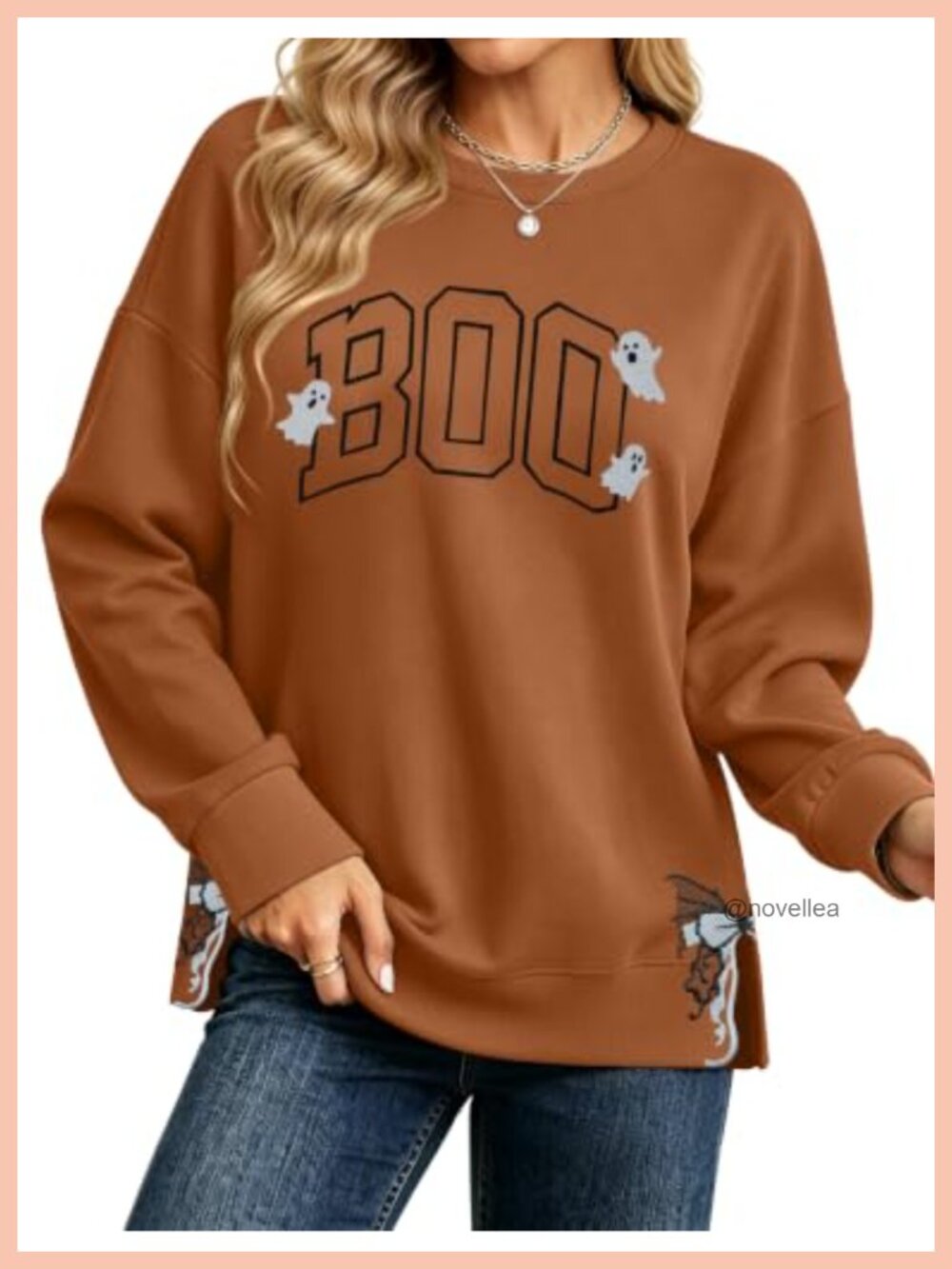 Halloween Sweatshirt Women Cute Boo Ghost Graphic Crewneck Side Slit Fall Top